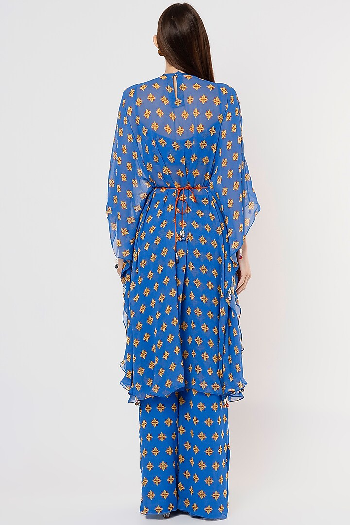 Blue Printed Kaftan Set With Potli Bag by DiyaRajvvir at Pernia's Pop Up Shop