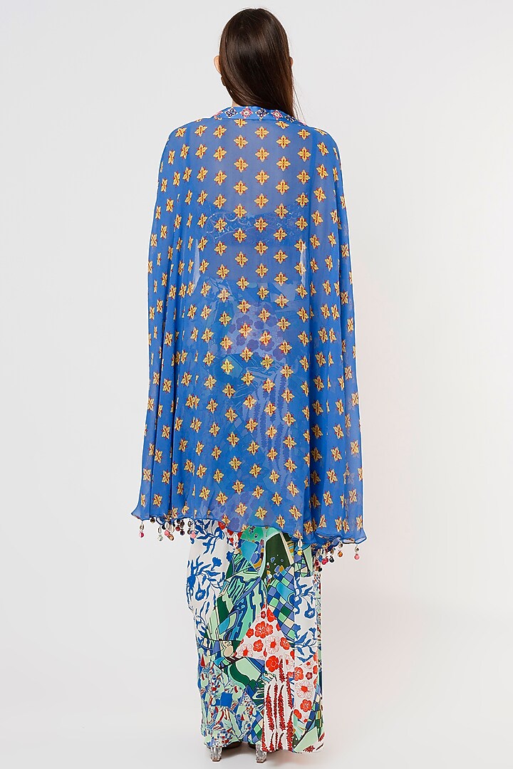 Indigo Blue Printed Cape Set With Potli Bag by DiyaRajvvir at Pernia's Pop Up Shop