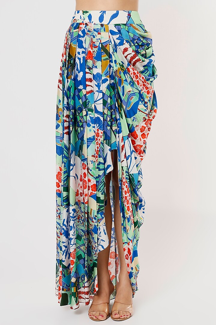 Indigo Blue Printed Cape Set With Potli Bag by DiyaRajvvir at Pernia's Pop Up Shop