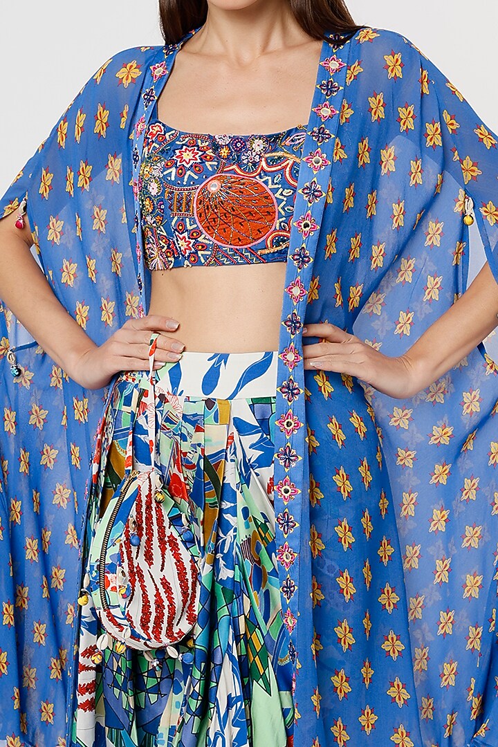 Indigo Blue Printed Cape Set With Potli Bag by DiyaRajvvir at Pernia's Pop Up Shop