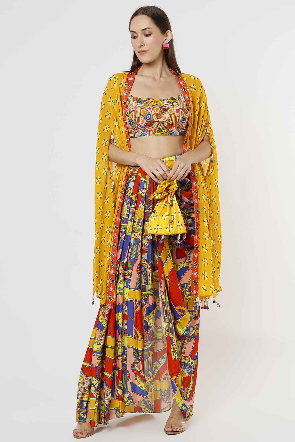 Yellow Modal Printed Cape Set With Potli Bag by DiyaRajvvir at Pernia's Pop Up Shop