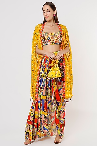 Yellow Modal Printed Cape Set With Potli Bag by DiyaRajvvir