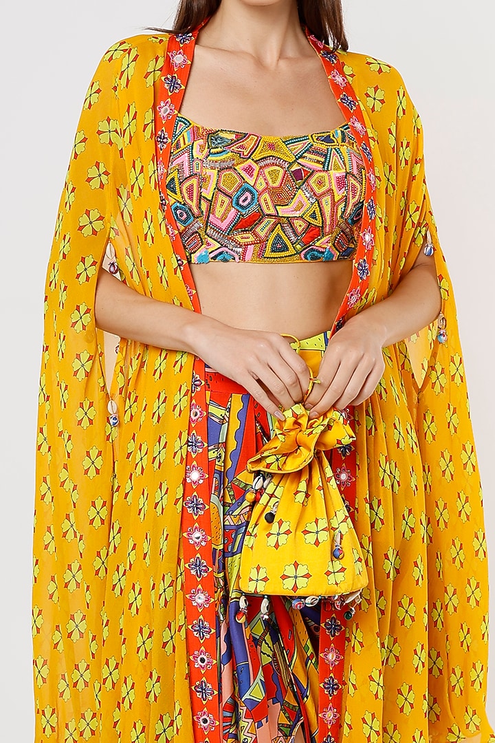 Yellow Modal Printed Cape Set With Potli Bag by DiyaRajvvir at Pernia's Pop Up Shop