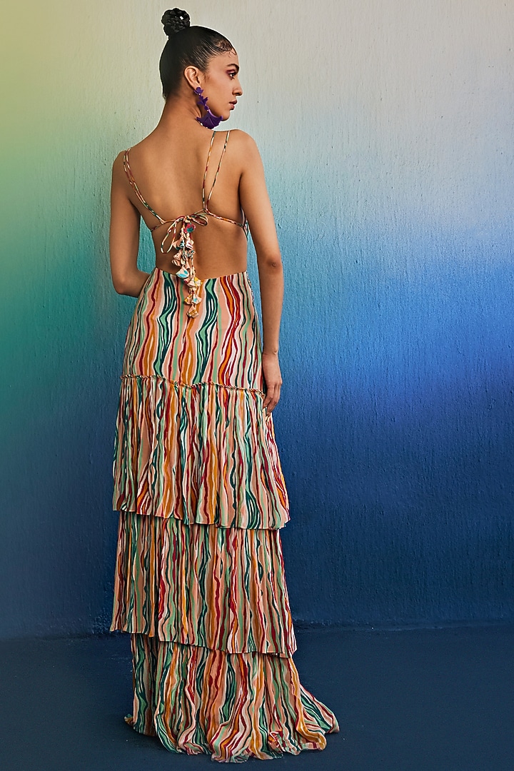 Salmon Pink Crepe Printed Layered Maxi Vacation Dress by DiyaRajvvir at Pernia's Pop Up Shop