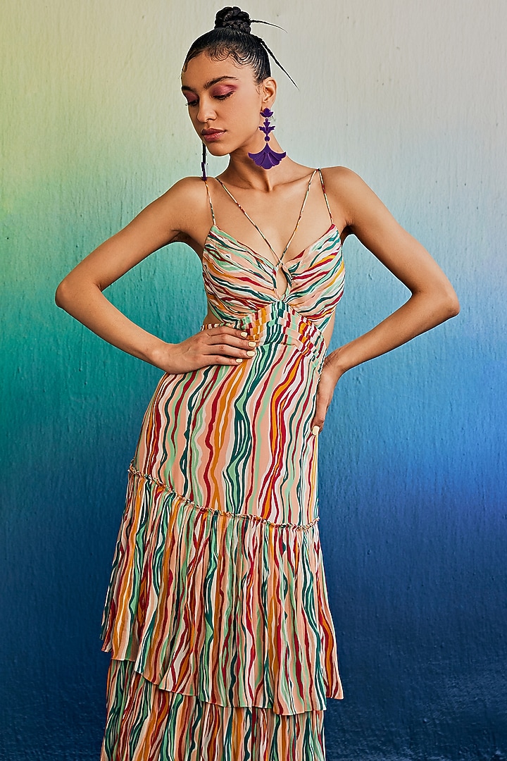 Salmon Pink Crepe Printed Layered Maxi Vacation Dress by DiyaRajvvir at Pernia's Pop Up Shop