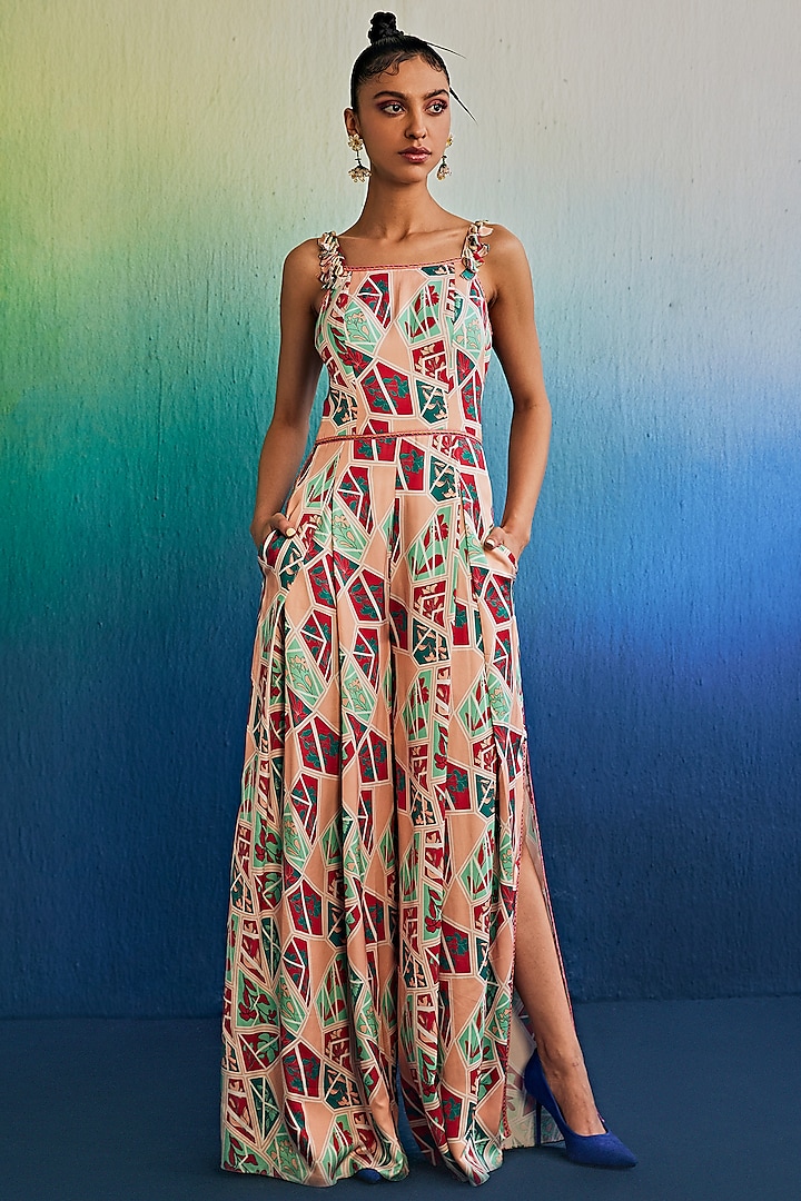 Salmon Pink Mushroom Printed Jumpsuit by DiyaRajvvir at Pernia's Pop Up Shop