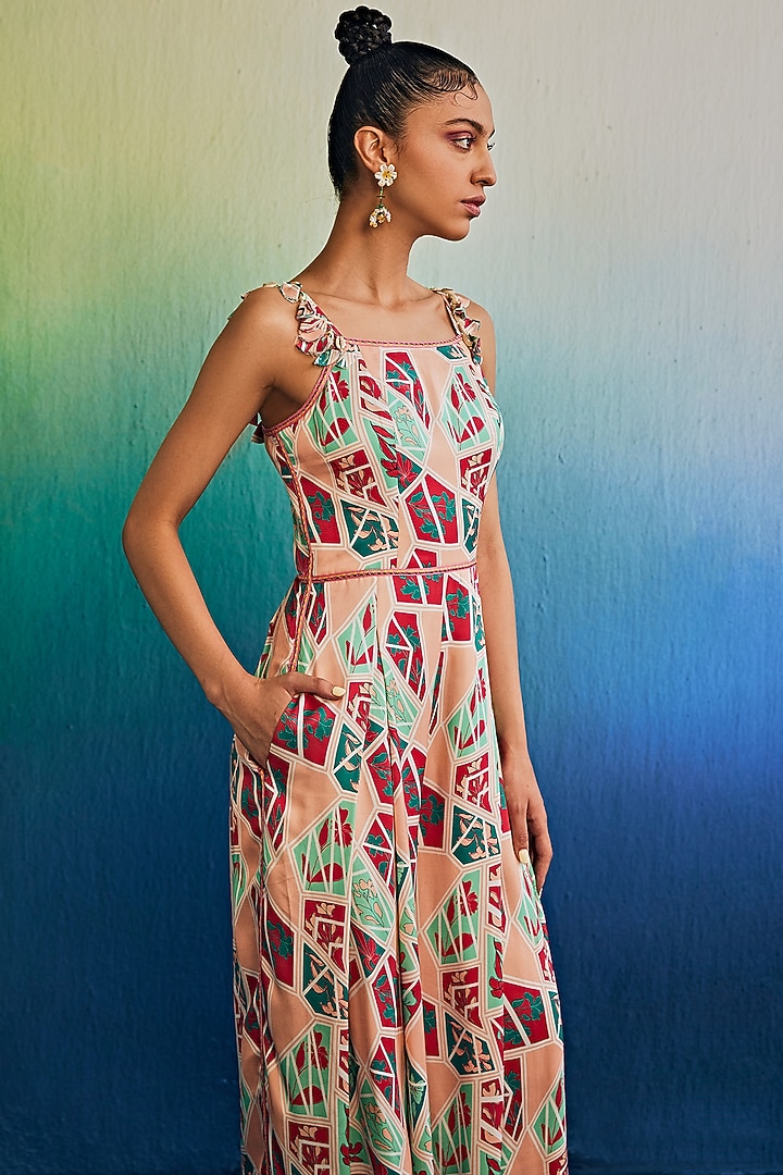 Salmon Pink Mushroom Printed Jumpsuit by DiyaRajvvir at Pernia's Pop Up Shop