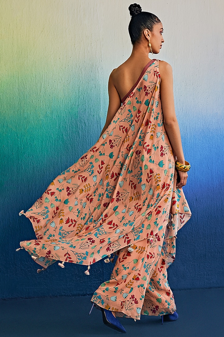 Salmon Pink Crepe Printed Asymmetrical One-Shoulder Tunic Set by DiyaRajvvir at Pernia's Pop Up Shop