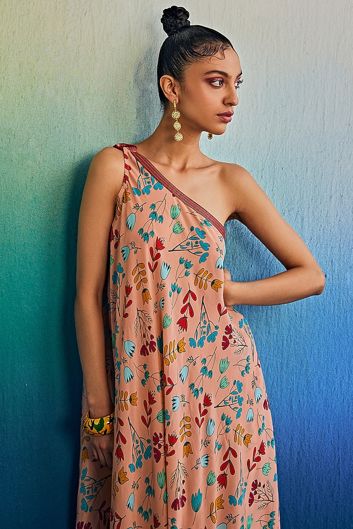 Salmon Pink Crepe Printed Asymmetrical One-Shoulder Tunic Set by DiyaRajvvir at Pernia's Pop Up Shop