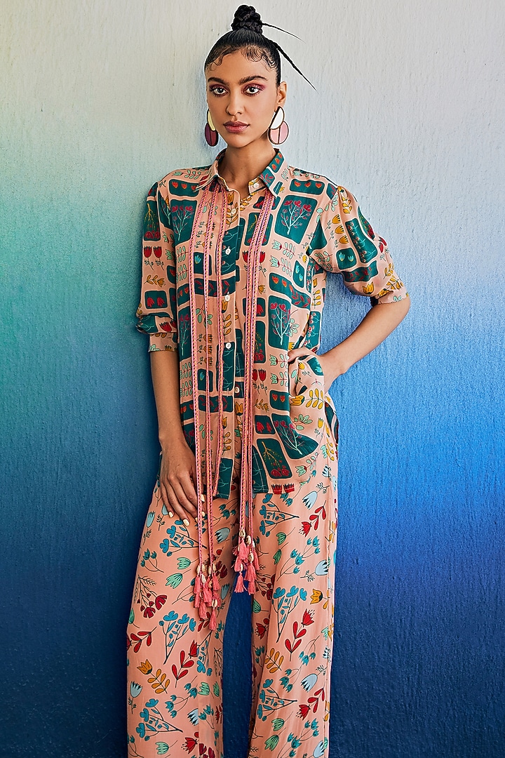 Salmon Pink Crepe Printed Co-Ord Set by DiyaRajvvir at Pernia's Pop Up Shop