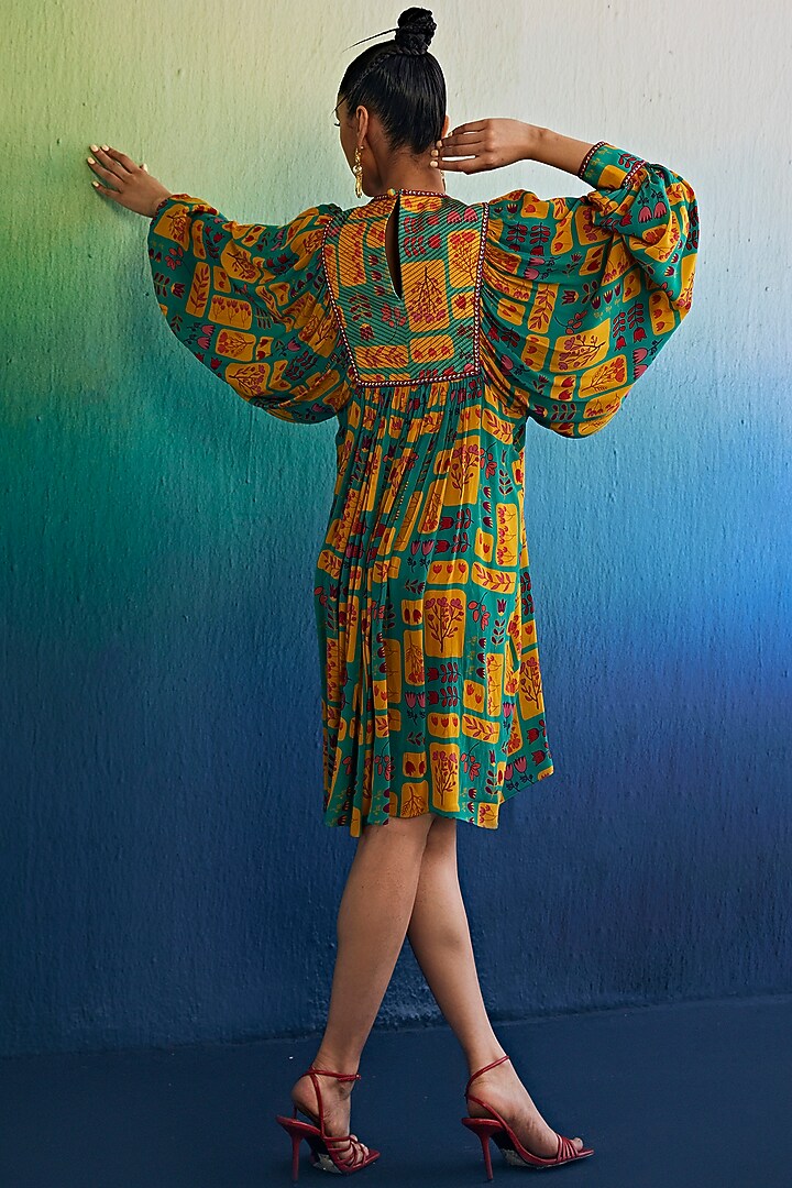 Teal Crepe Printed Vacation Dress by DiyaRajvvir at Pernia's Pop Up Shop