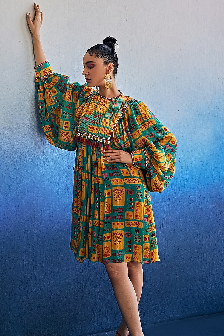 Teal Crepe Printed Vacation Dress by DiyaRajvvir at Pernia's Pop Up Shop