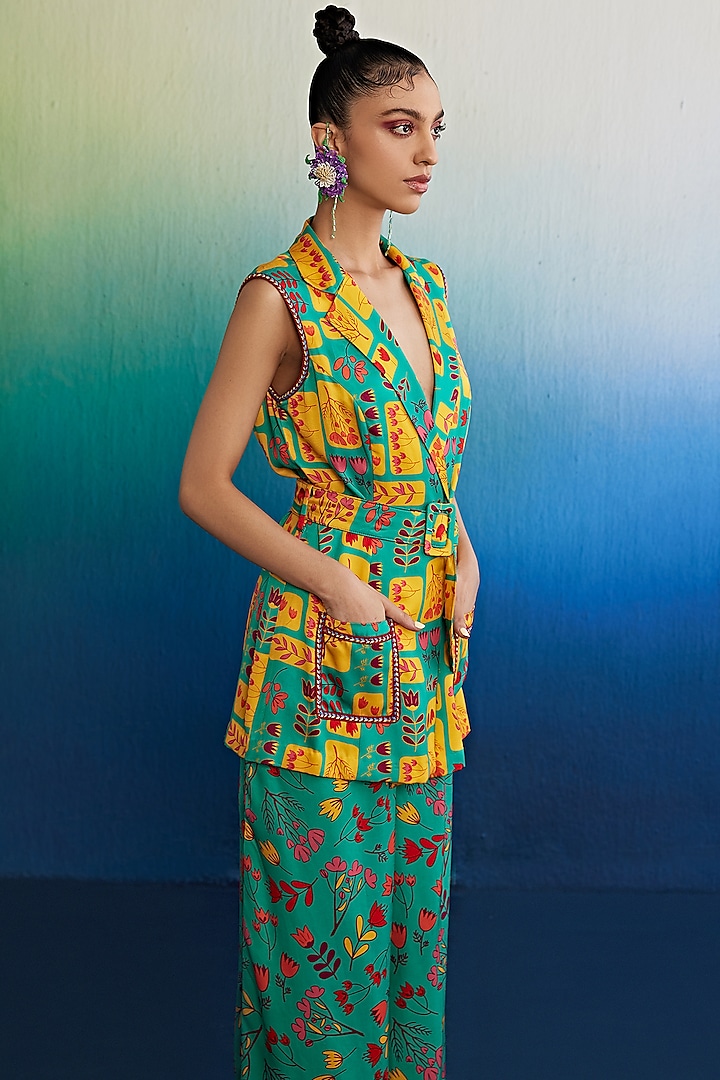 Teal Mushroom Printed Pant Suit Set by DiyaRajvvir at Pernia's Pop Up Shop