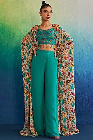 Multi-Colored Crepe & Georgette Printed Cape Set by DiyaRajvvir