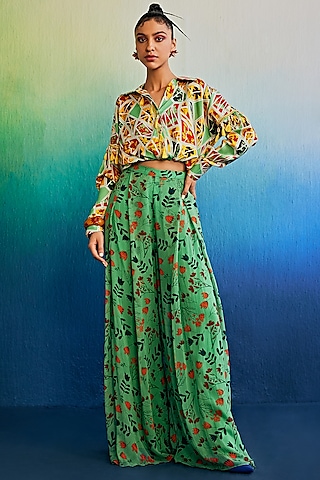 Sage Green Mushroom & Georgette Printed Co-Ord Set by DiyaRajvvir
