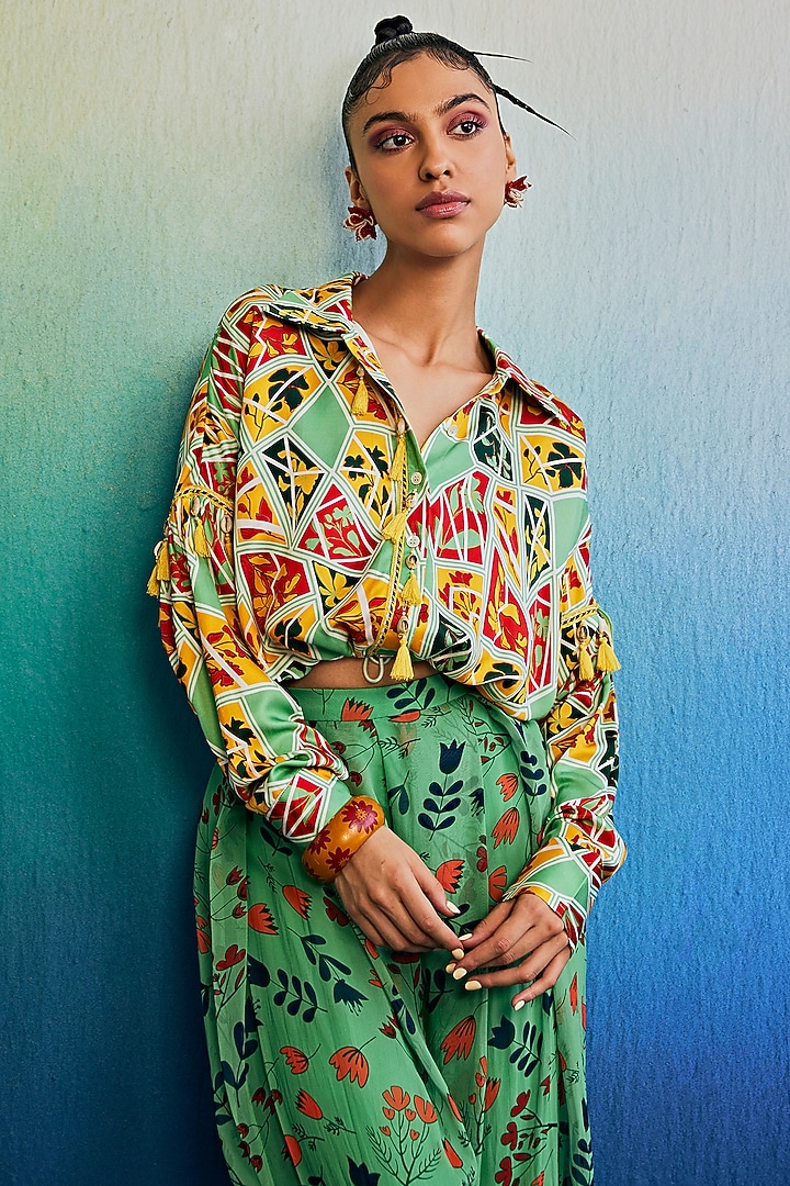 Sage Green Mushroom & Georgette Printed Co-Ord Set by DiyaRajvvir at Pernia's Pop Up Shop