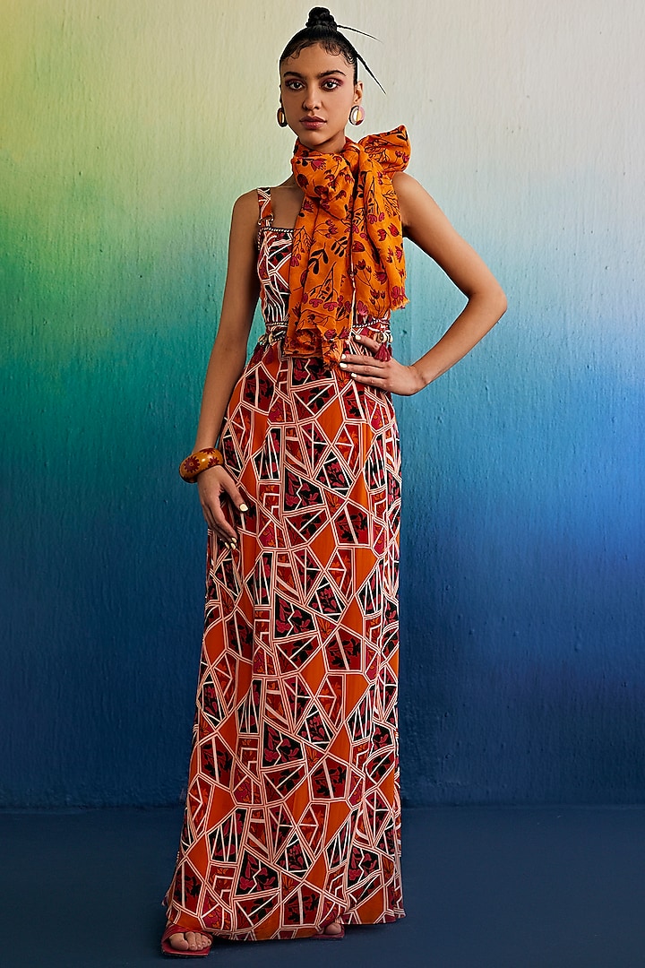 Tangerine Crepe Printed Maxi Dress by DiyaRajvvir