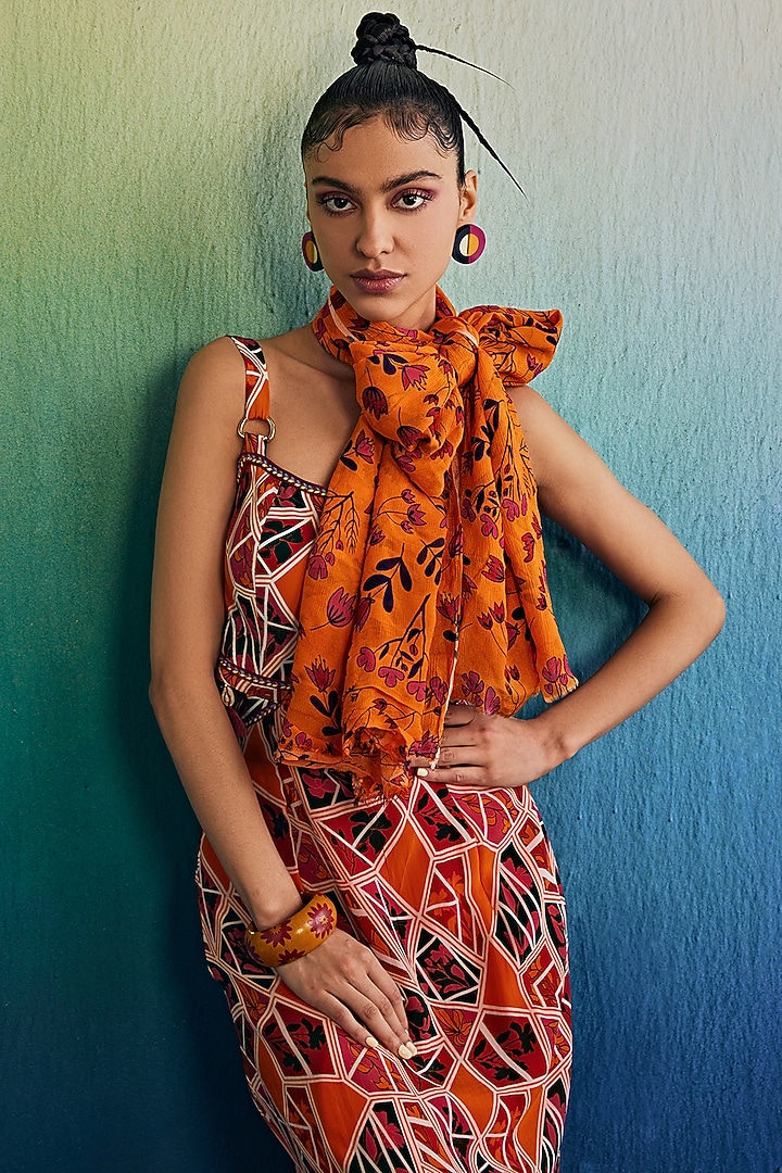 Tangerine Crepe Printed Maxi Vacation Dress by DiyaRajvvir at Pernia's Pop Up Shop