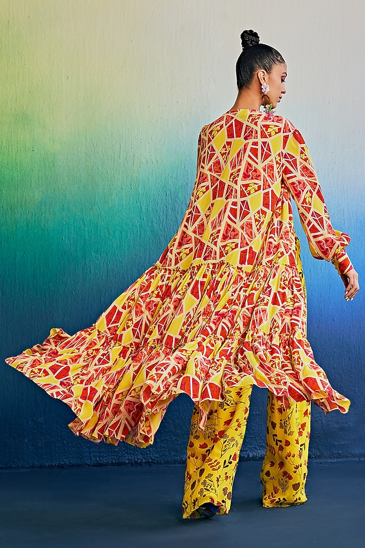 Yellow Georgette & Crepe Printed Tiered Cape Set by DiyaRajvvir at Pernia's Pop Up Shop