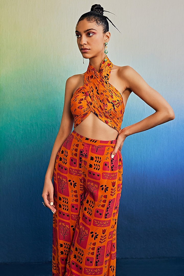 Tangerine Crepe Printed Pant Set by DiyaRajvvir at Pernia's Pop Up Shop