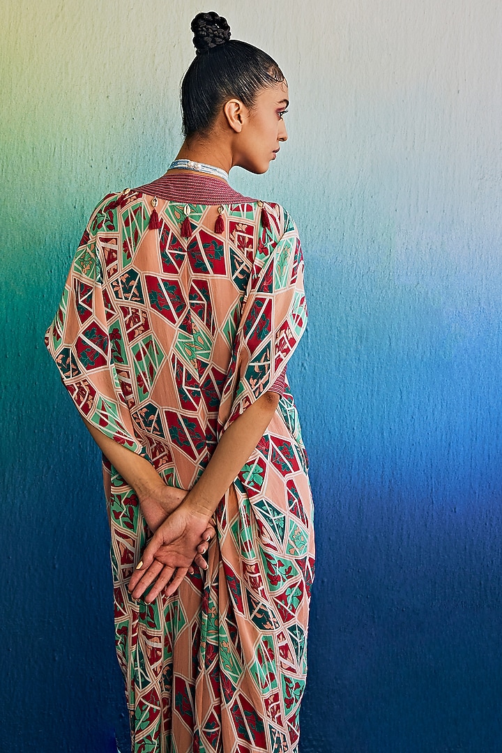 Salmon Pink Crepe & Georgette Printed Kaftan Set by DiyaRajvvir at Pernia's Pop Up Shop