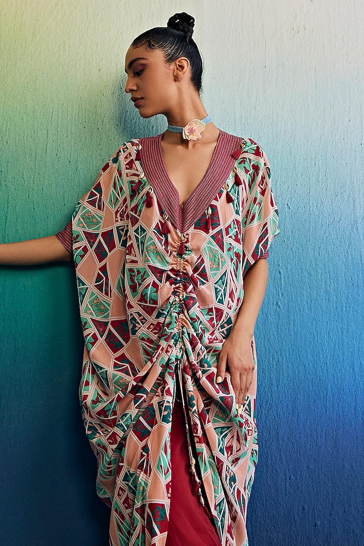 Salmon Pink Crepe & Georgette Printed Kaftan Set by DiyaRajvvir at Pernia's Pop Up Shop