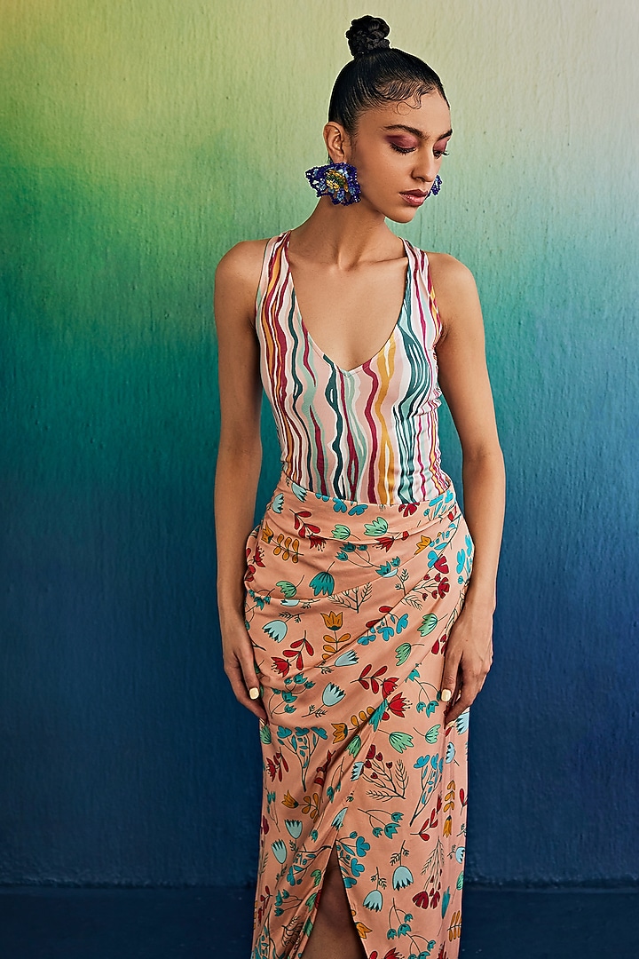 Salmon Pink Lycra & Mushroom Printed Skirt Set by DiyaRajvvir at Pernia's Pop Up Shop