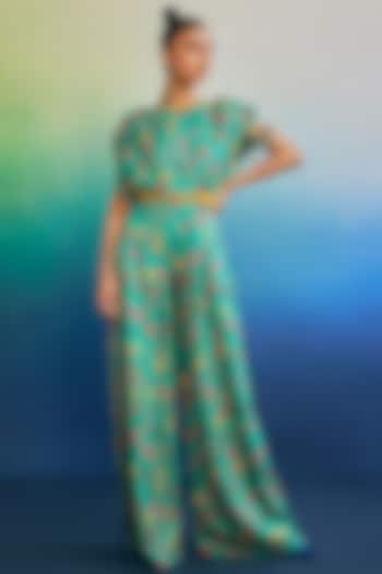 Teal Mushroom Floral Printed Pant Set by DiyaRajvvir at Pernia's Pop Up Shop