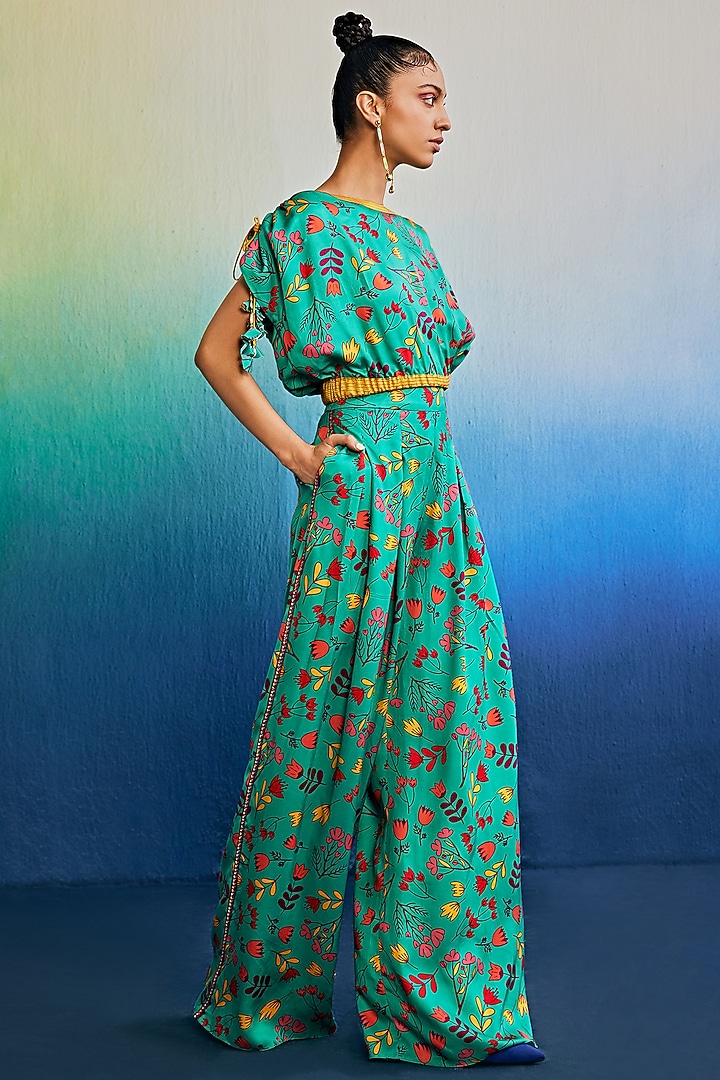 Teal Mushroom Floral Printed Pant Set by DiyaRajvvir at Pernia's Pop Up Shop
