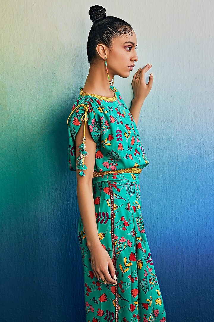 Teal Mushroom Floral Printed Pant Set by DiyaRajvvir at Pernia's Pop Up Shop
