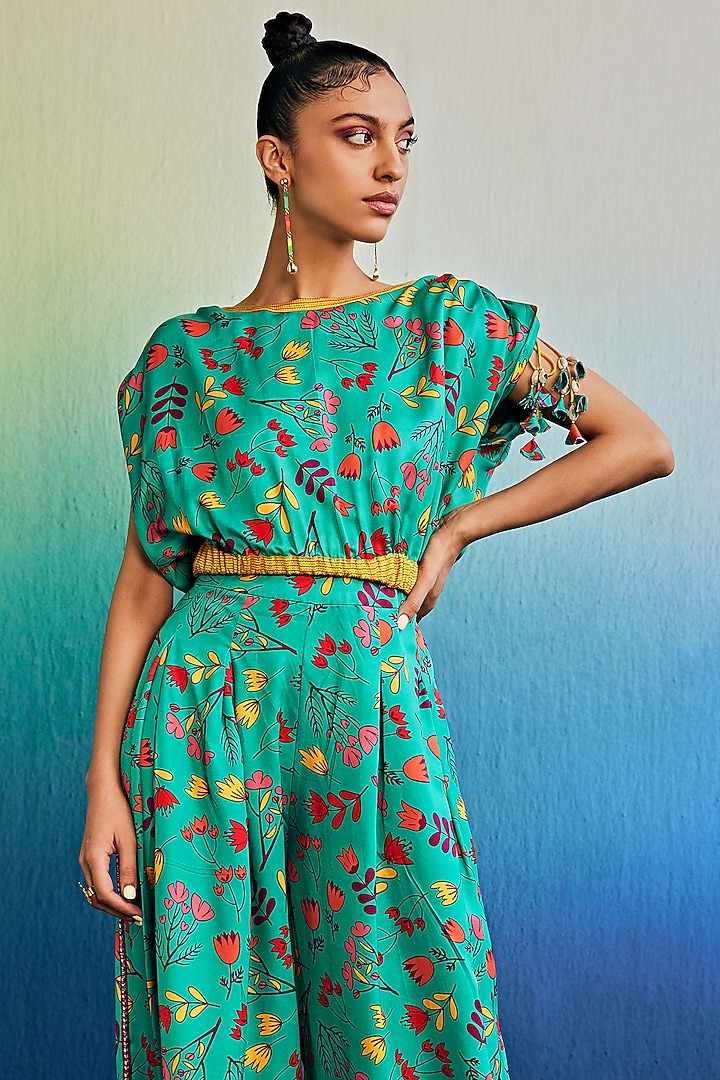 Teal Mushroom Floral Printed Pant Set by DiyaRajvvir at Pernia's Pop Up Shop