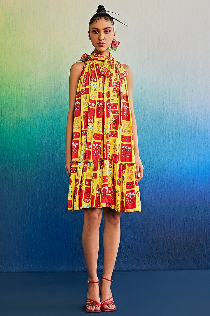 Yellow Mushroom Printed Dress by DiyaRajvvir