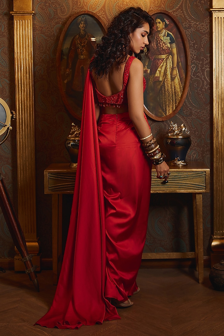 Red Armani Satin & Tulle Skirt Wedding Saree Set by DiyaRajvvir at Pernia's Pop Up Shop