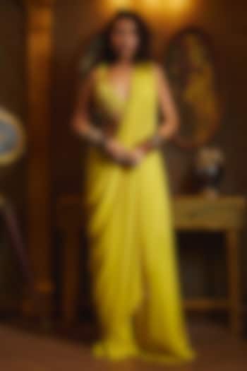 Yellow Georgette & Tulle Pant Wedding Saree Set by DiyaRajvvir at Pernia's Pop Up Shop