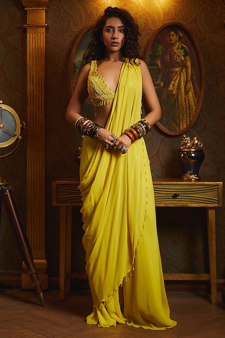 Yellow Georgette & Tulle Pant Wedding Saree Set by DiyaRajvvir at Pernia's Pop Up Shop