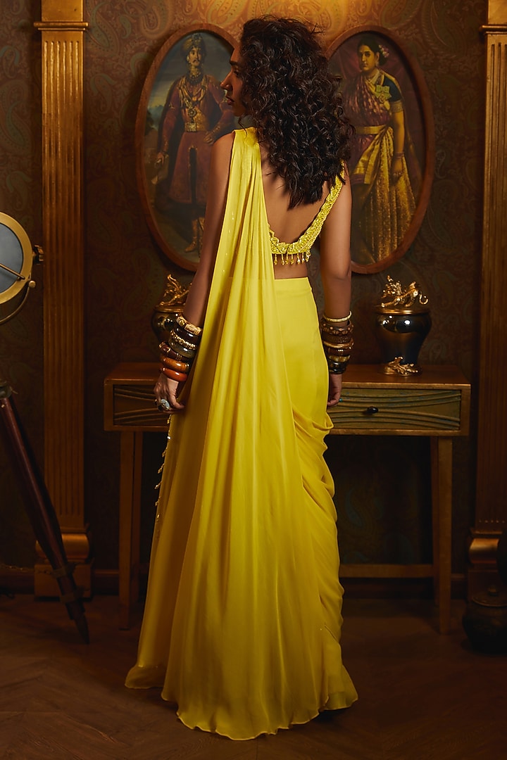 Yellow Georgette & Tulle Pant Wedding Saree Set by DiyaRajvvir at Pernia's Pop Up Shop