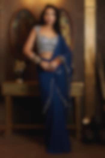 Blue Georgette & Tulle Skirt Wedding Saree Set by DiyaRajvvir at Pernia's Pop Up Shop