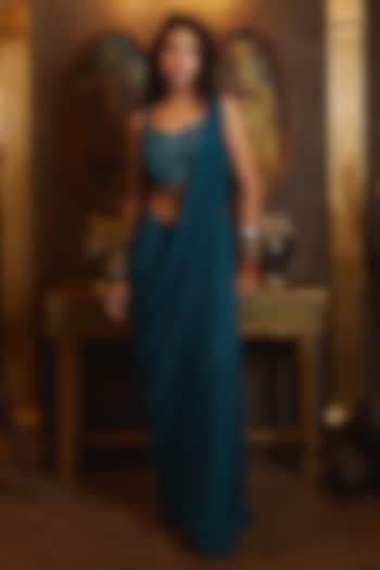 Peacock Blue Georgette & Tulle Pant Wedding Saree Set by DiyaRajvvir at Pernia's Pop Up Shop