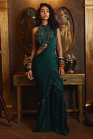 Emerald Green Armani Satin & Tulle Sharara Pant Saree Set by DiyaRajvvir