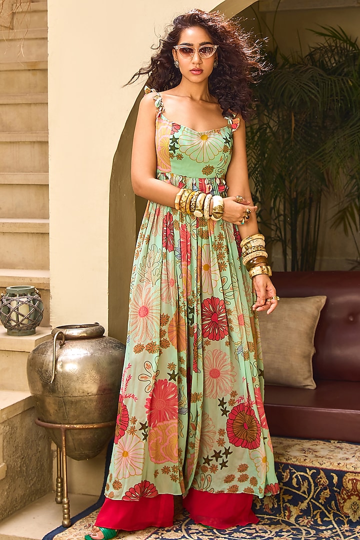 Mint Green Georgette Floral Printed Tunic Set by DiyaRajvvir at Pernia's Pop Up Shop