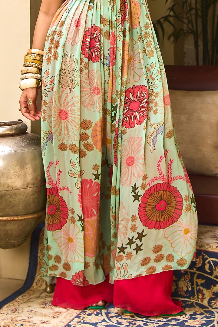 Mint Green Georgette Floral Printed Tunic Set by DiyaRajvvir at Pernia's Pop Up Shop