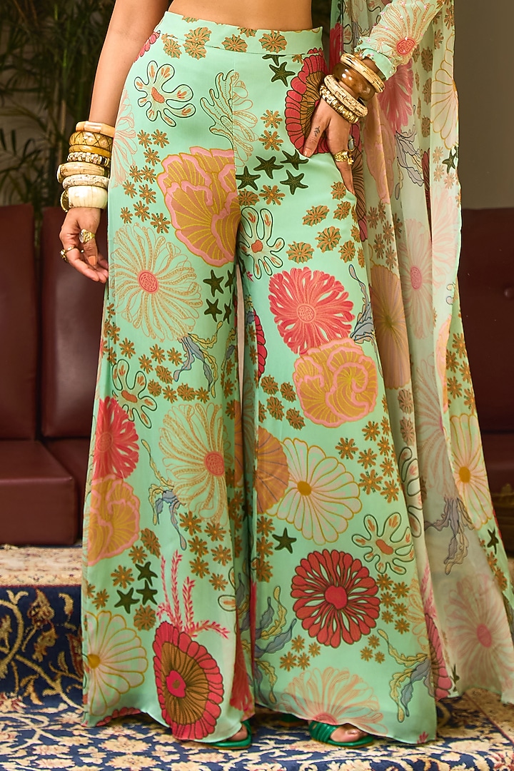 Mint Green Crepe & Georgette Printed Pant Set by DiyaRajvvir at Pernia's Pop Up Shop