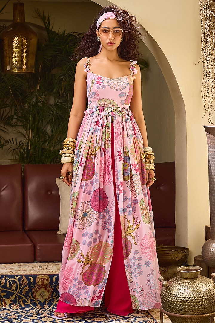 Pink Georgette Floral Printed Tunic Set by DiyaRajvvir at Pernia's Pop Up Shop