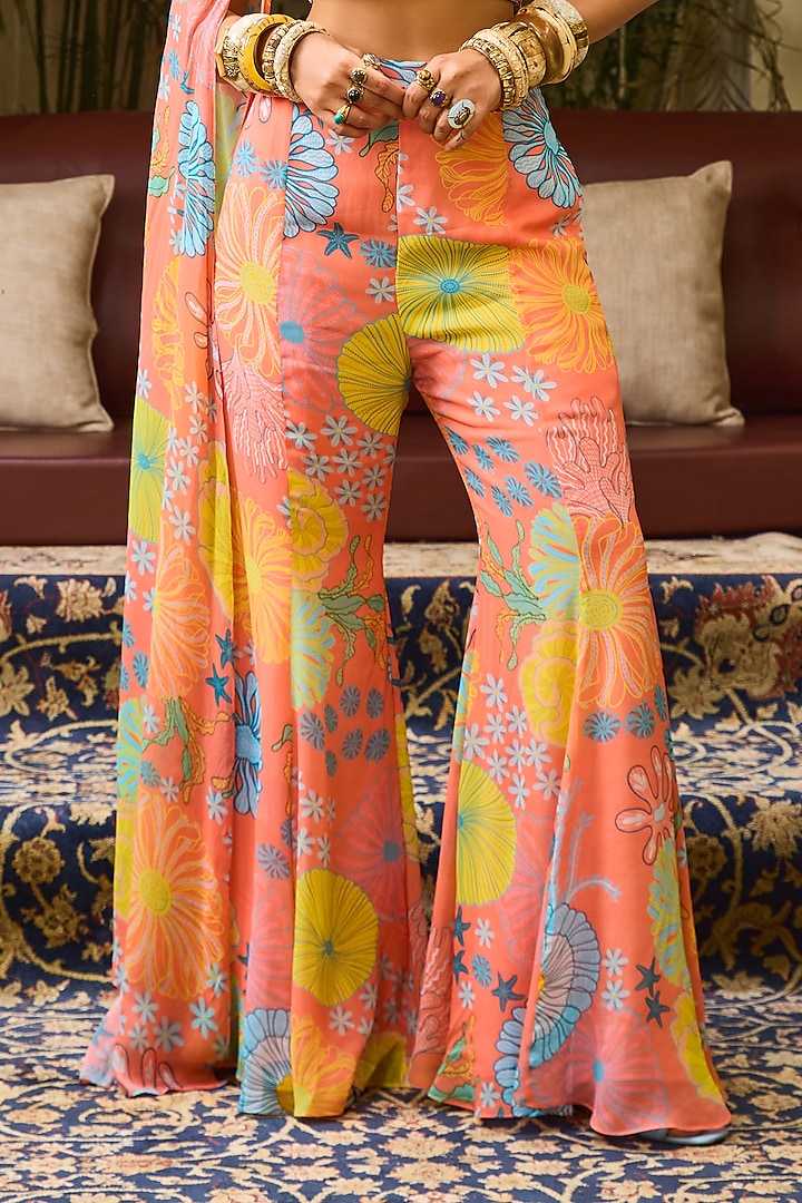 Peach Crepe & Georgette Floral Printed Bell-Bottom Pant Set by DiyaRajvvir at Pernia's Pop Up Shop