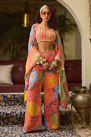 Peach Georgette Floral Printed Cape Set by DiyaRajvvir