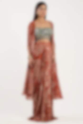 Rust Crepe & Georgette Leaf Jaal Printed Cape Set by DiyaRajvvir at Pernia's Pop Up Shop