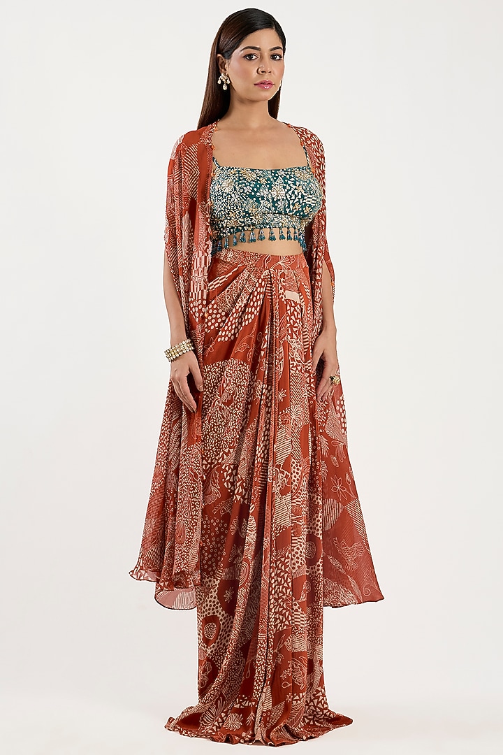 Rust Crepe & Georgette Leaf Jaal Printed Cape Set by DiyaRajvvir at Pernia's Pop Up Shop