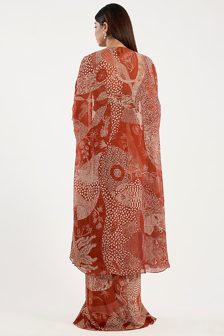 Rust Crepe & Georgette Leaf Jaal Printed Cape Set by DiyaRajvvir at Pernia's Pop Up Shop