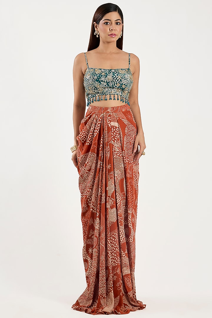Rust Crepe & Georgette Leaf Jaal Printed Cape Set by DiyaRajvvir at Pernia's Pop Up Shop