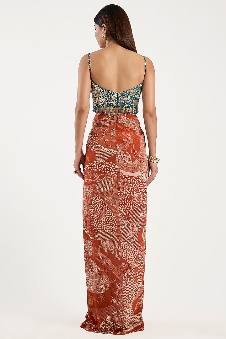 Rust Crepe & Georgette Leaf Jaal Printed Cape Set by DiyaRajvvir at Pernia's Pop Up Shop